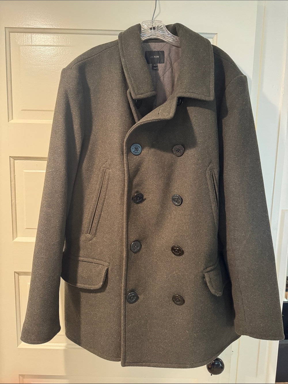J. Crew Men's Wool Double-Breasted Peacoat in Olive.